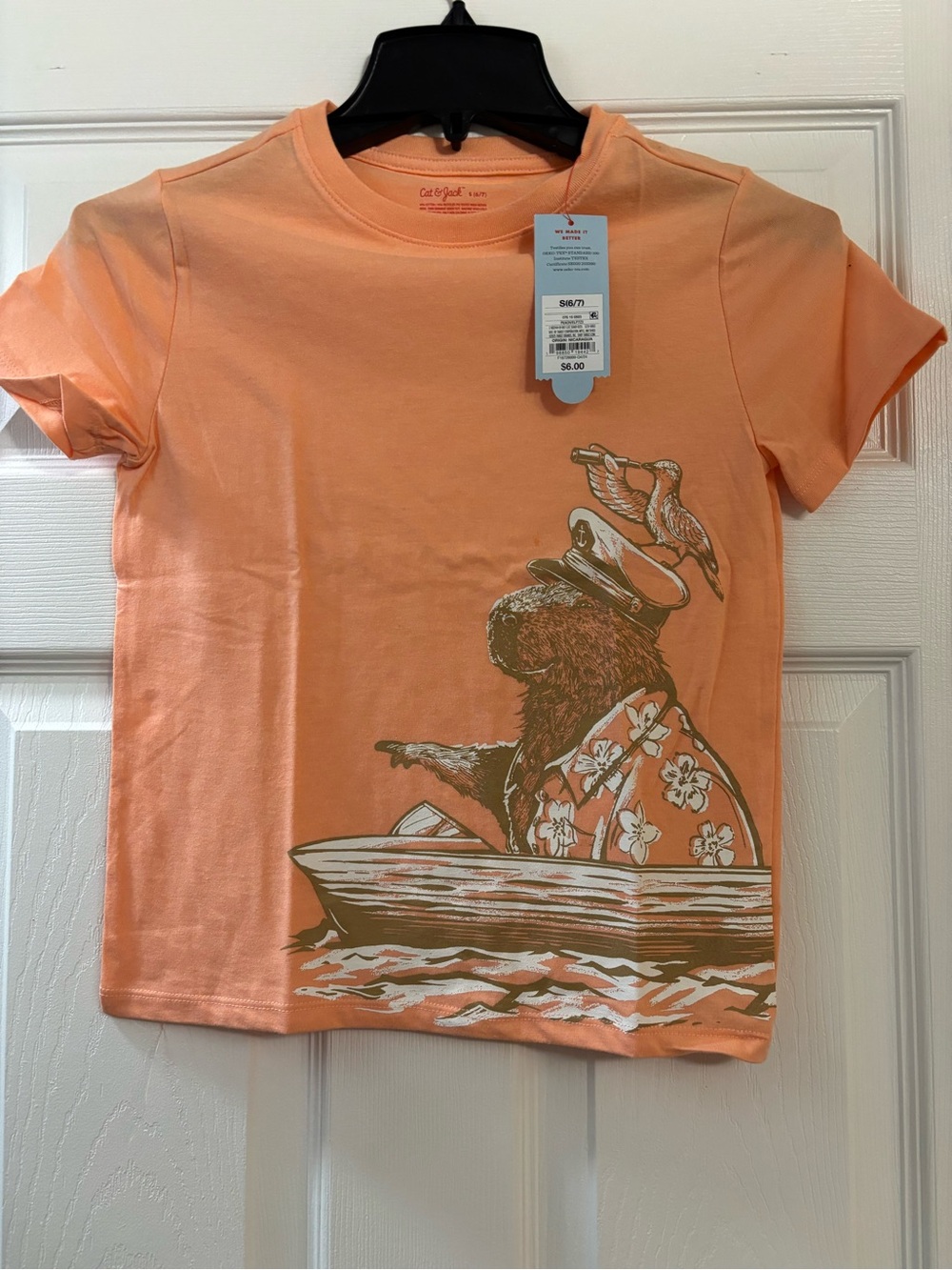 Cat & Jack Peach-Orange Kids Tee with Bear Boating Graphic